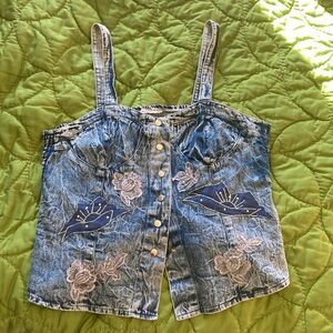 Denim Floral Embroidered Button-Up Top